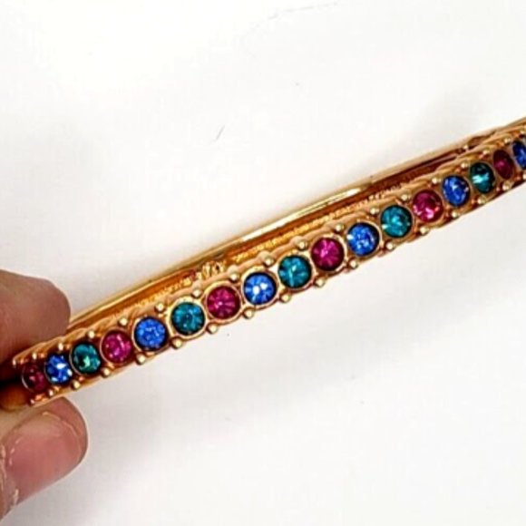 Vintage Stamped Swarovski Multicolor Jewel Stones Hinged Bangle Cuff Bracelet